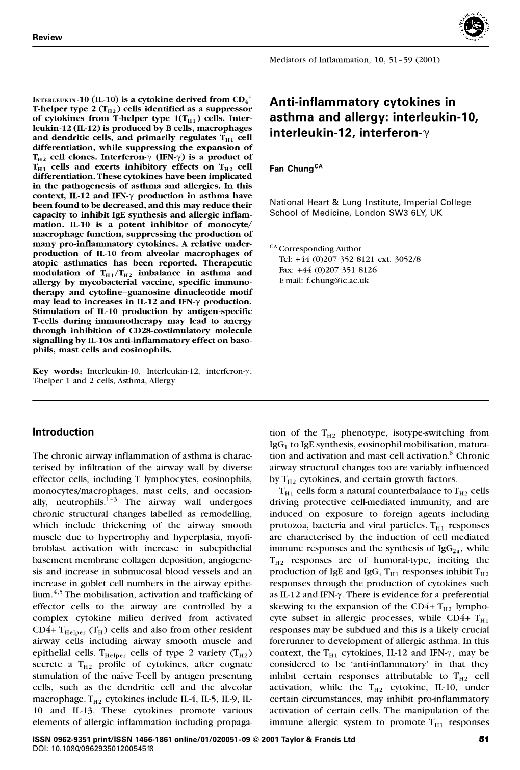 Anti-Inflammatory Cytokines in Asthma and Allergy: Interleukin-10