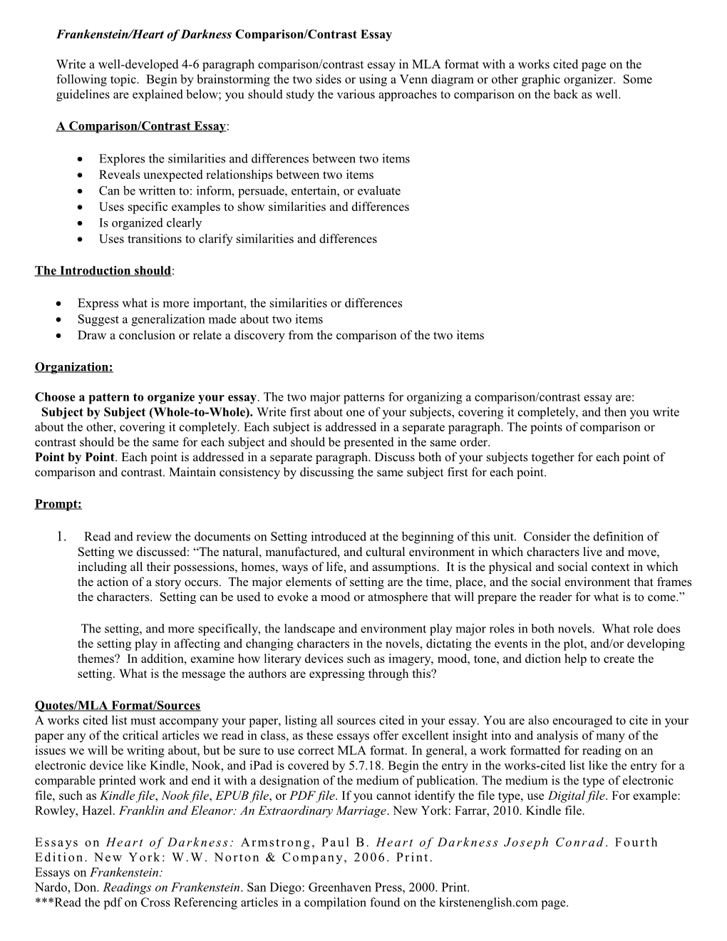 Frankenstein/Heart Of Darkness Comparison/Contrast Essay Questions