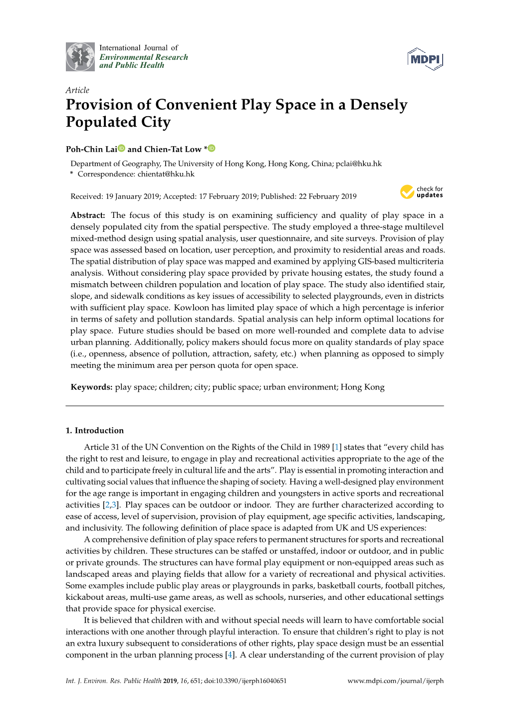 Provision of Convenient Play Space in a Densely Populated City