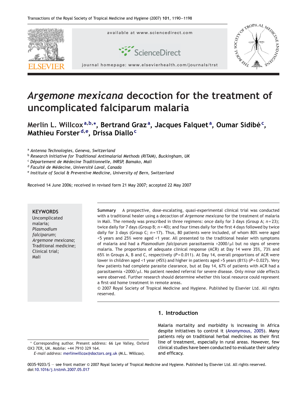 Argemone Mexicana Decoction for the Treatment of Uncomplicated Falciparum Malaria