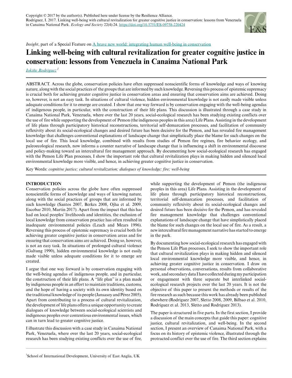 Linking Well-Being with Cultural Revitalization for Greater Cognitive Justice in Conservation: Lessons from Venezuela in Canaima National Park