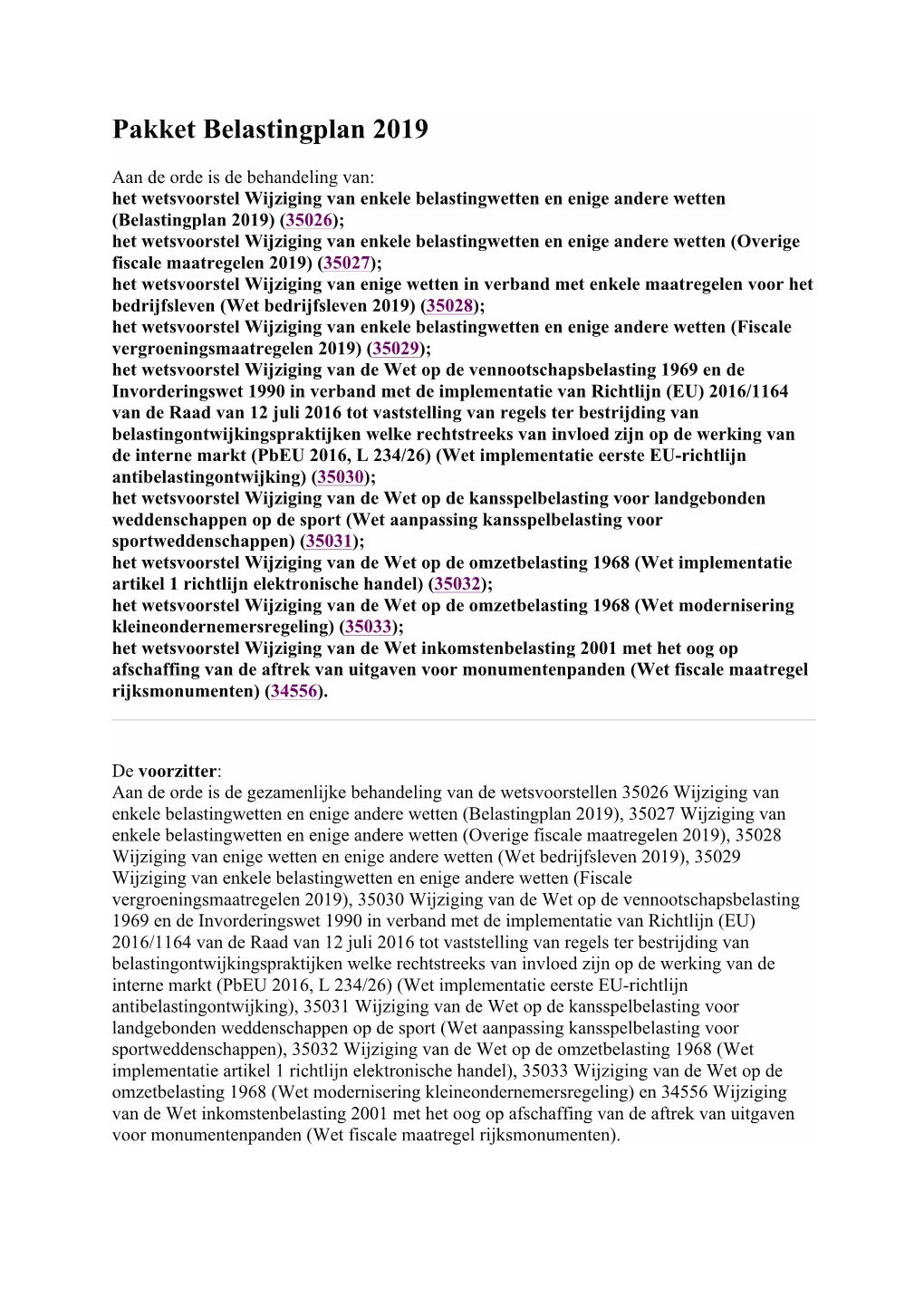 Pakket Belastingplan 2019