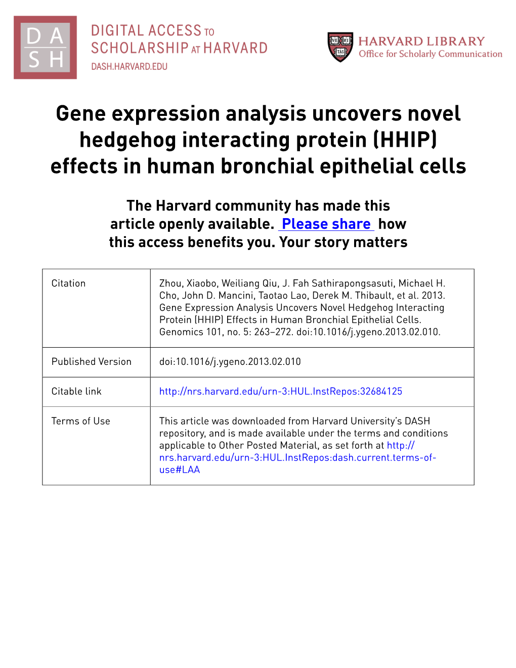 Gene Expression Analysis Uncovers Novel Hedgehog Interacting Protein (HHIP) Effects in Human Bronchial Epithelial Cells