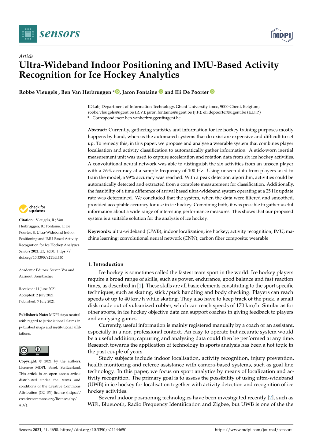 Ultra-Wideband Indoor Positioning and IMU-Based Activity Recognition for Ice Hockey Analytics