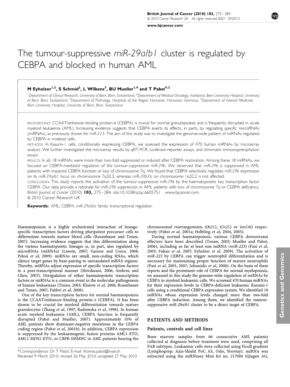 The Tumour-Suppressive Mir-29A/B1 Cluster Is Regulated by CEBPA and Blocked in Human AML