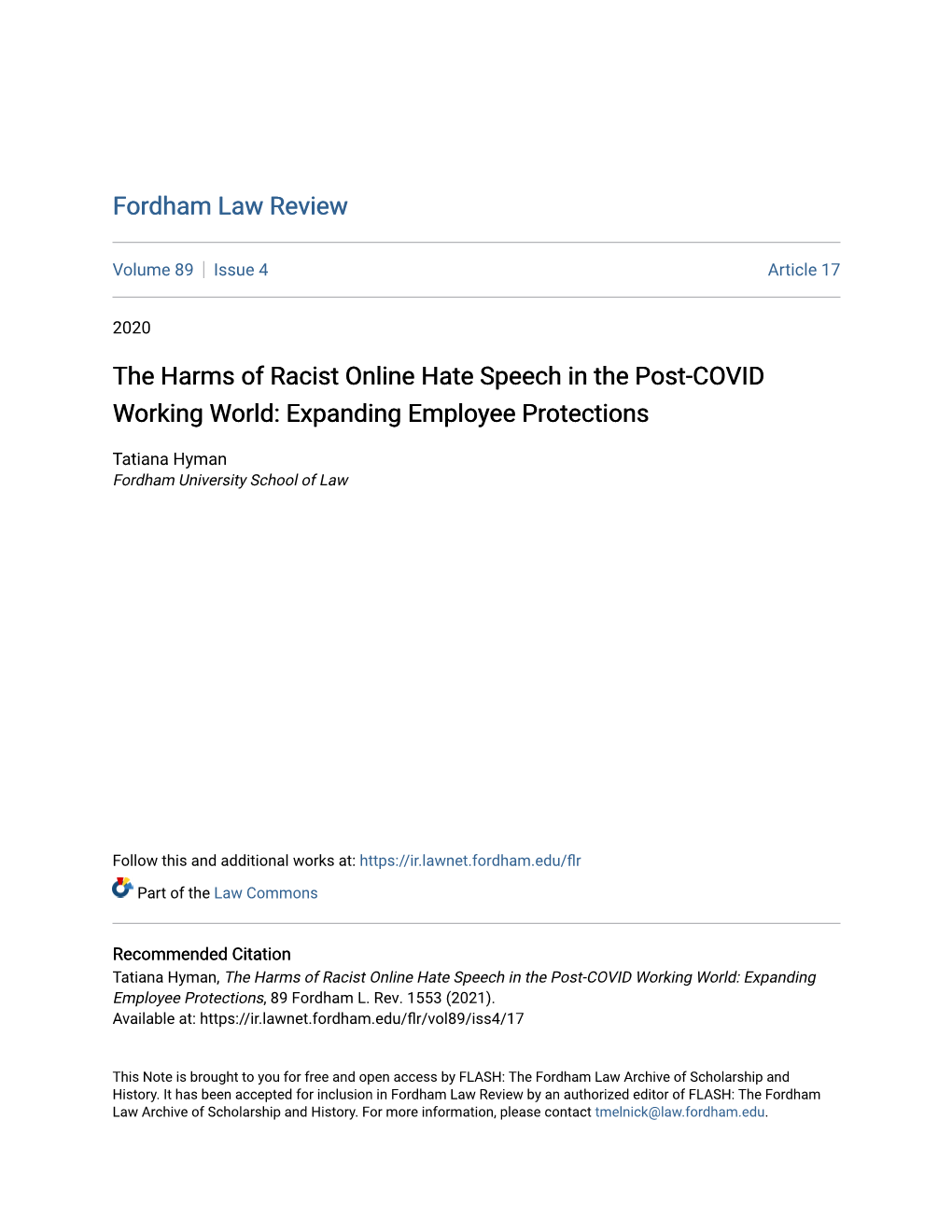 The Harms of Racist Online Hate Speech in the Post-COVID Working World: Expanding Employee Protections