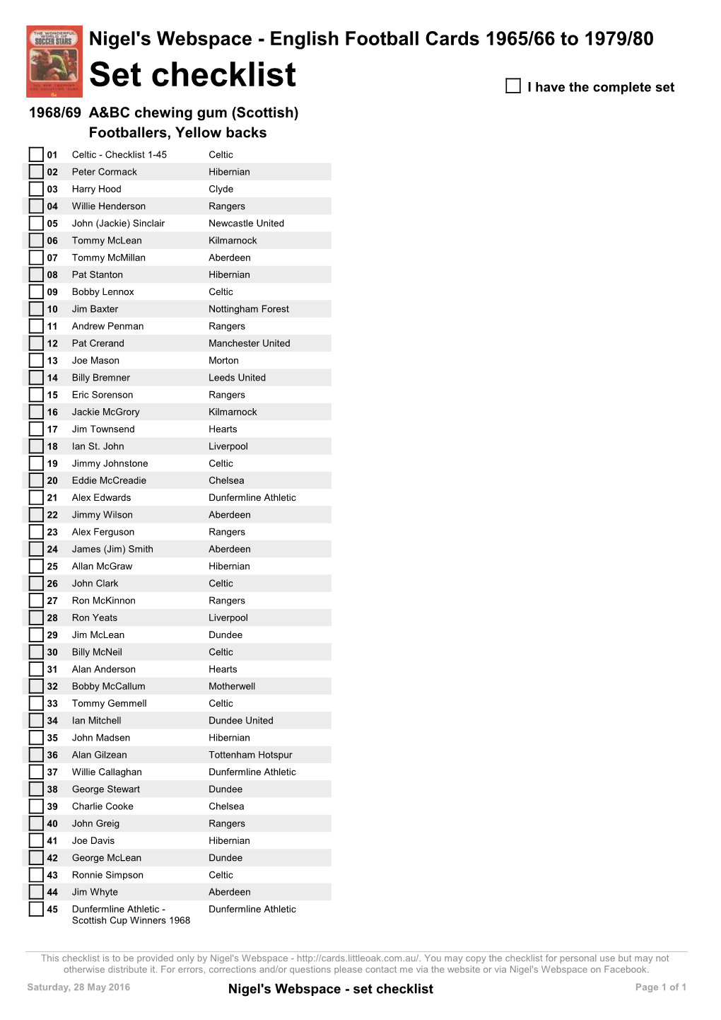 Set Checklist I Have the Complete Set 1968/69 A&BC Chewing Gum (Scottish) Footballers, Yellow Backs