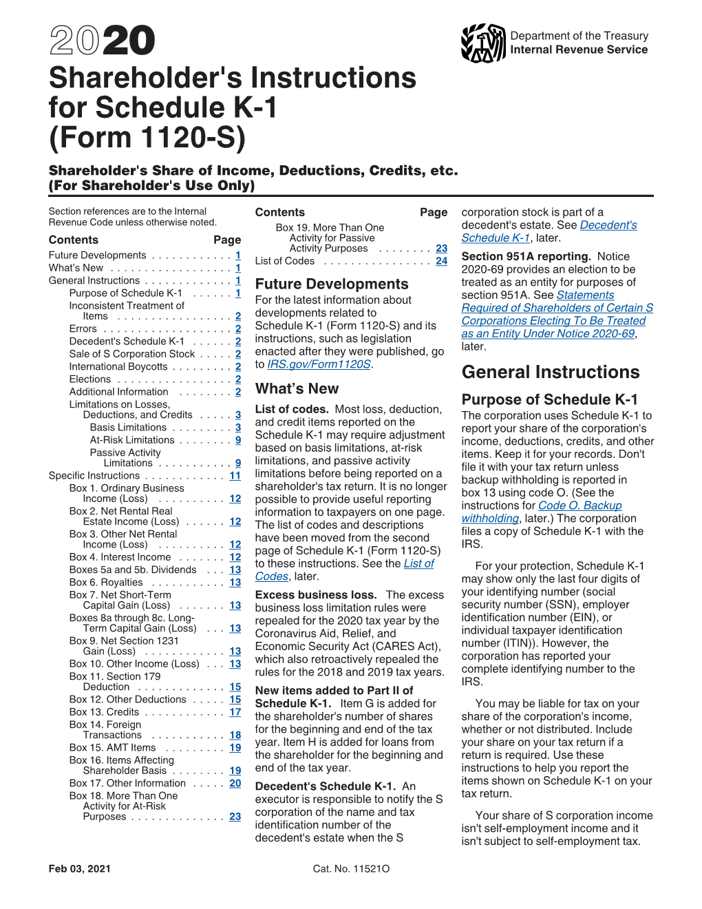 2020 Shareholder's Instructions for Schedule K-1 (Form 1120-S)