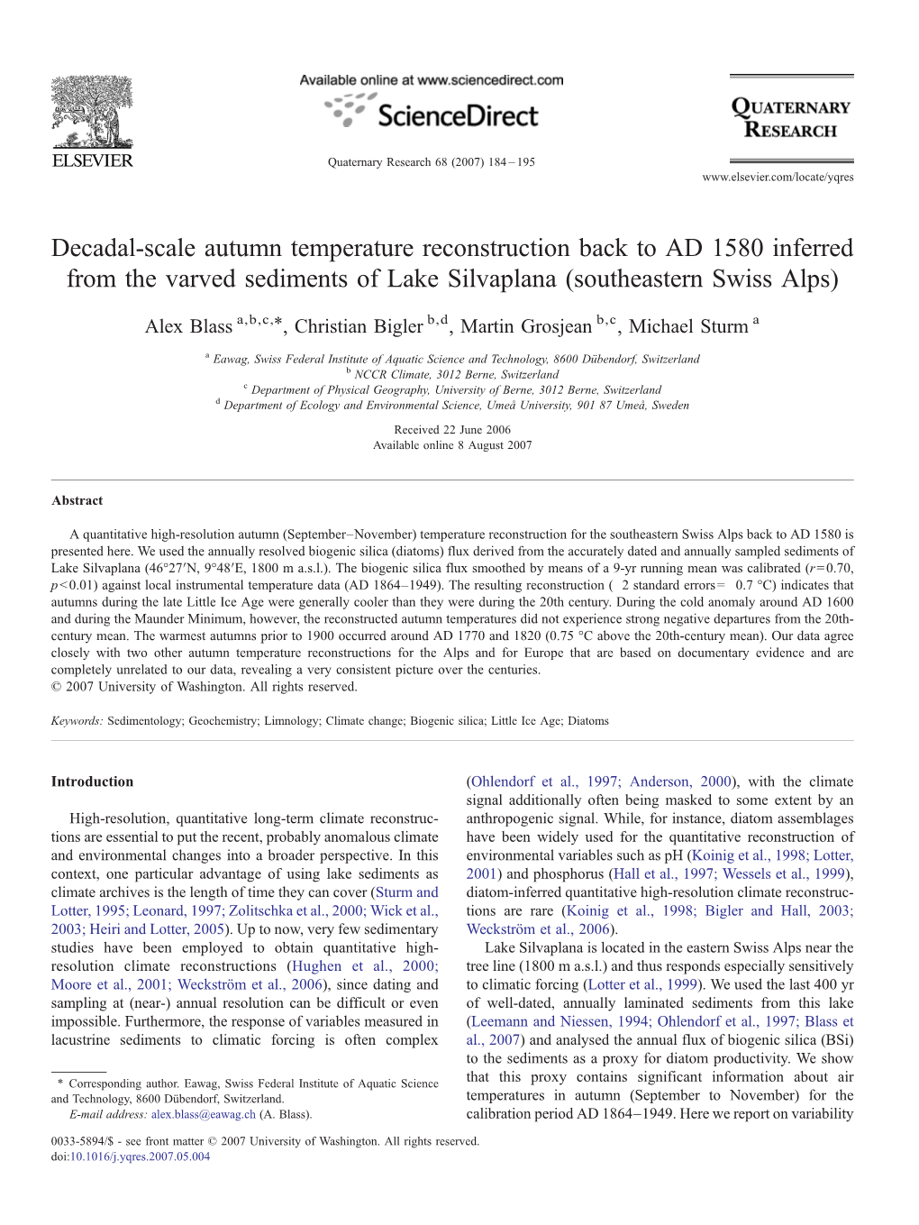 Decadal-Scale Autumn Temperature Reconstruction Back to AD 1580 Inferred from the Varved Sediments of Lake Silvaplana