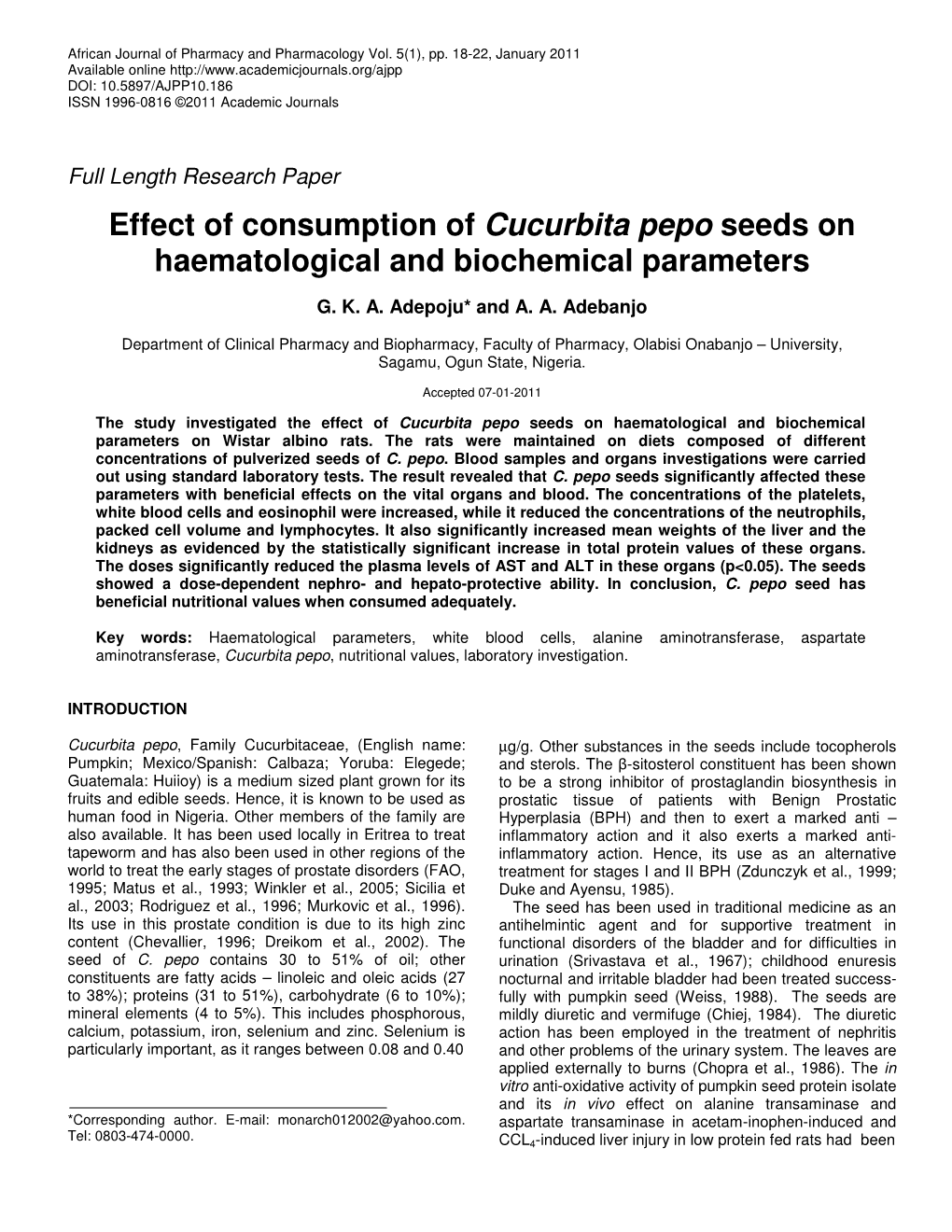 Effect of Consumption of Cucurbita Pepo Seeds on Haematological and Biochemical Parameters