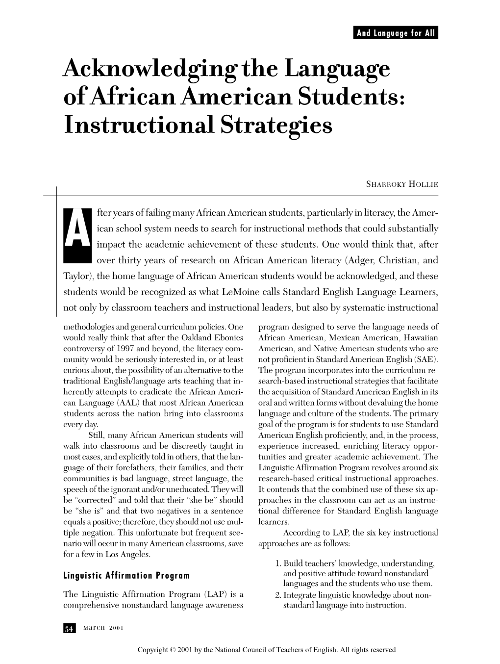 Acknowledging the Language of African American Students: Instructional Strategies