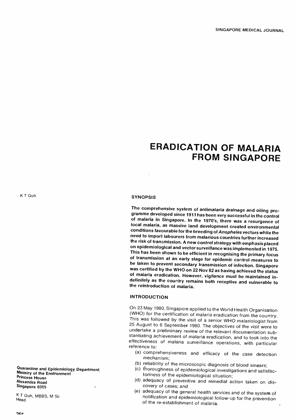 Eradication of Malaria from Singapore