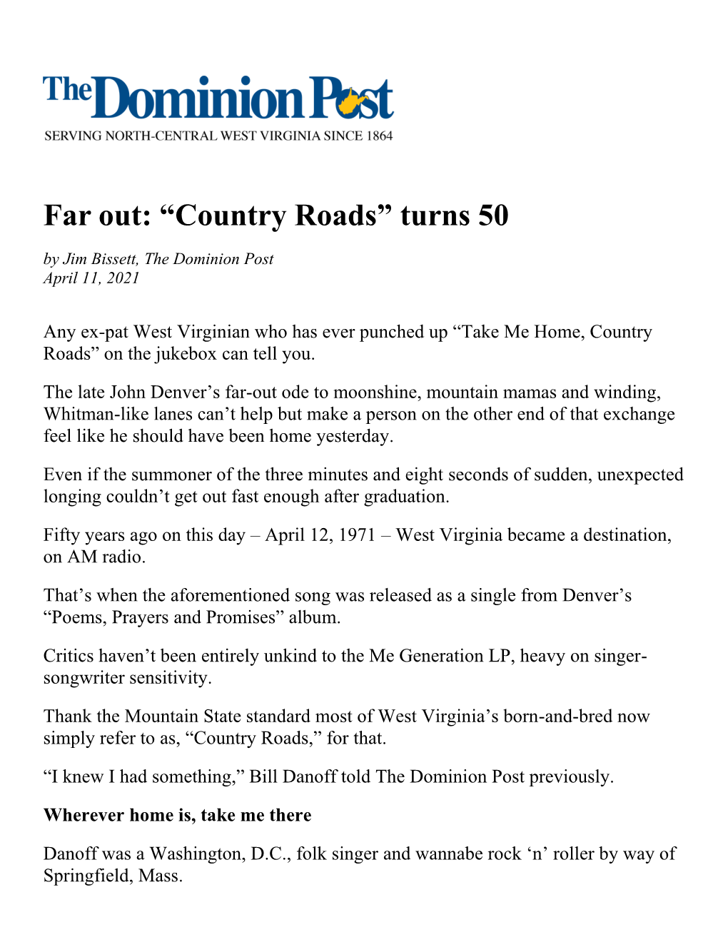 [Morgantown] Dominion-Post's “Far Out: “Country Roads” Turns 50