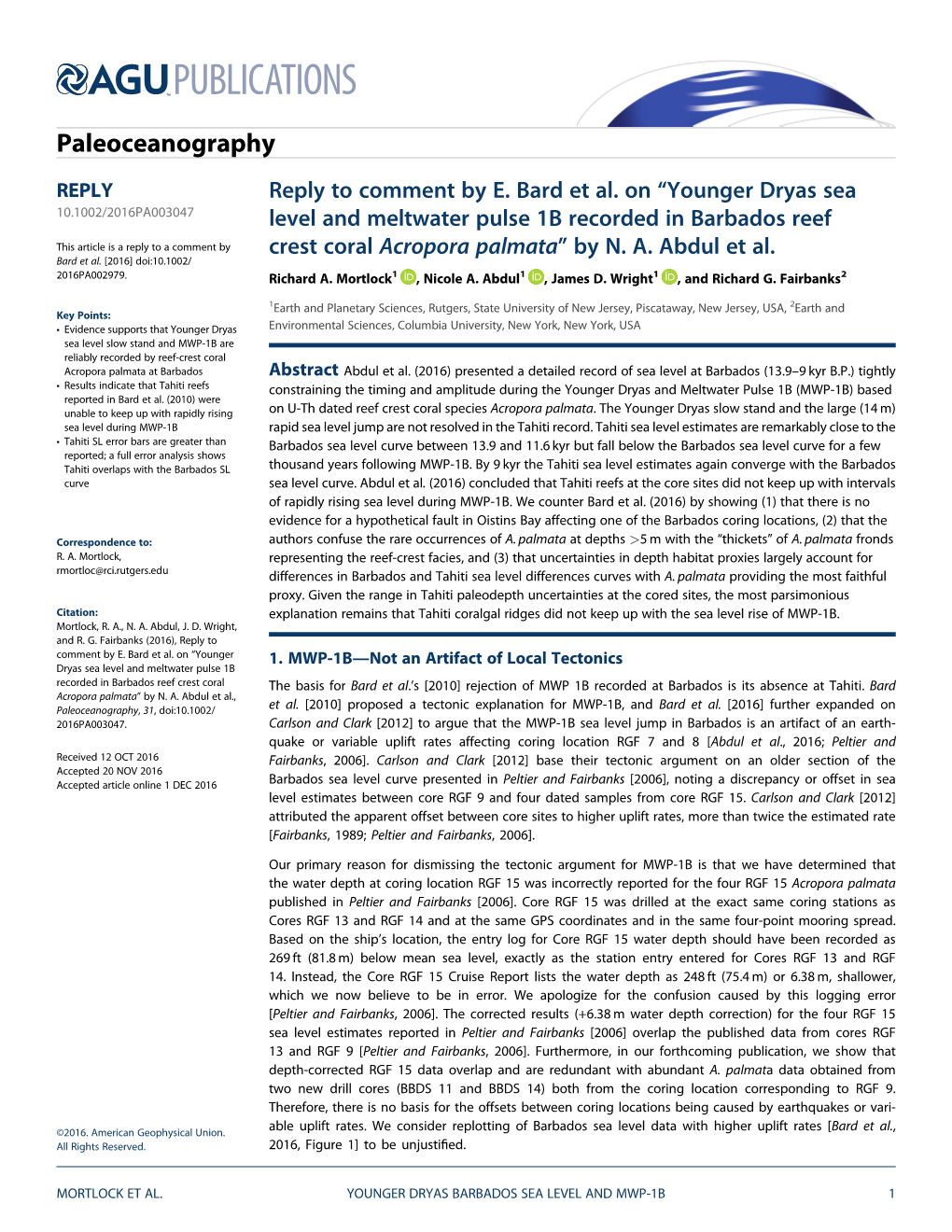 Reply to Comment by E. Bard Et Al. on Younger Dryas Sea Level And