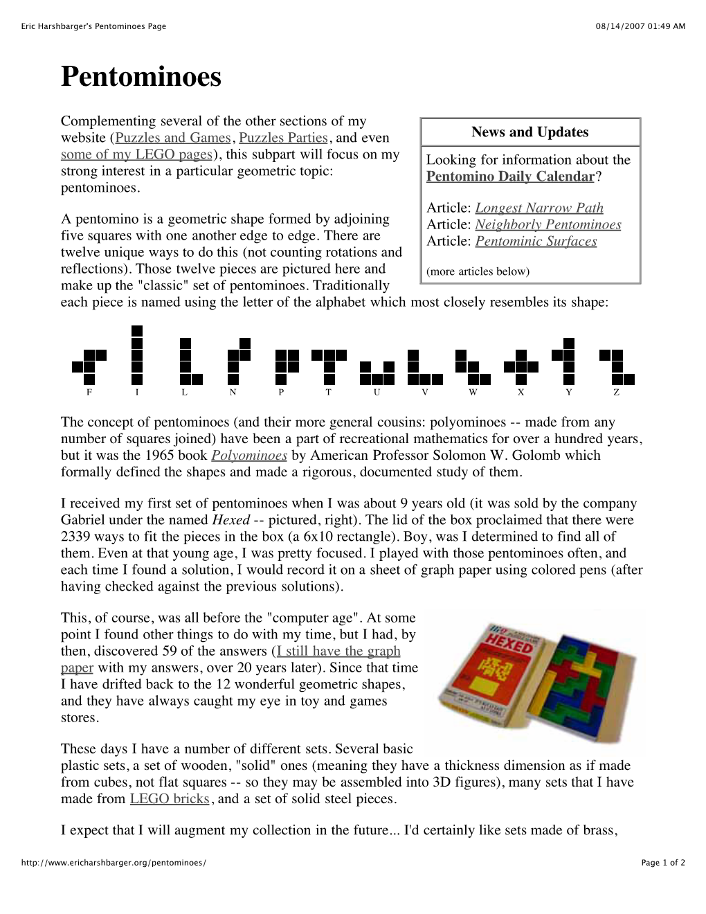 Eric Harshbarger's Pentominoes Page 08/14/2007 01:49 AM