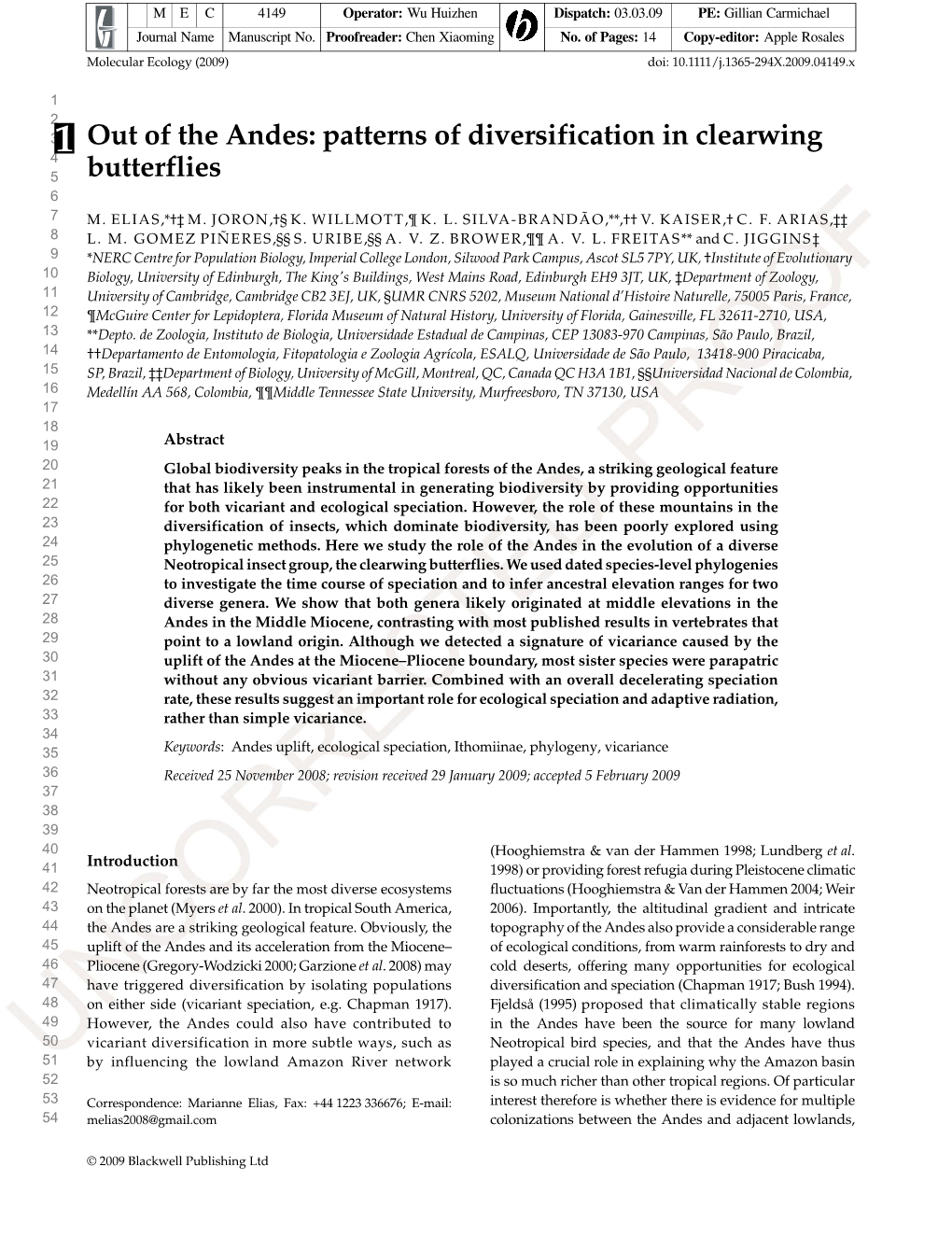 Out of the Andes: Patterns of Diversification in Clearwing 41 5 Butterflies 6 7 M