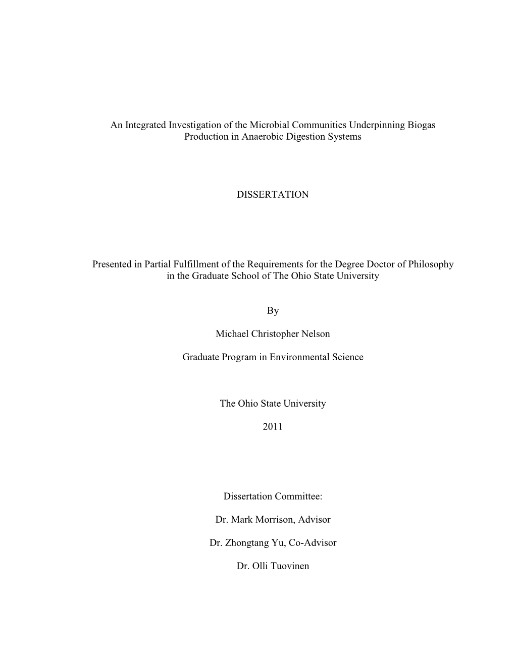 An Integrated Investigation of the Microbial Communities Underpinning Biogas Production in Anaerobic Digestion Systems DISSERTAT