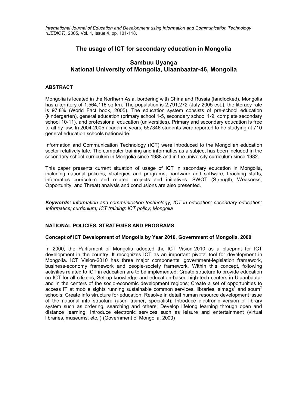 The Usage of ICT for Secondary Education in Mongolia Sambuu