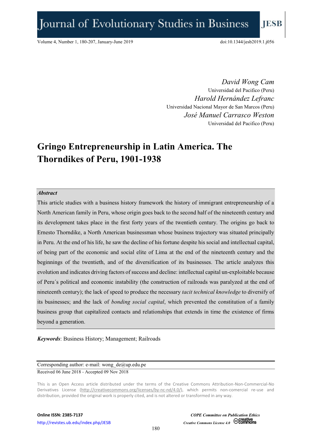 Gringo Entrepreneurship in Latin America. the Thorndikes of Peru, 1901-1938