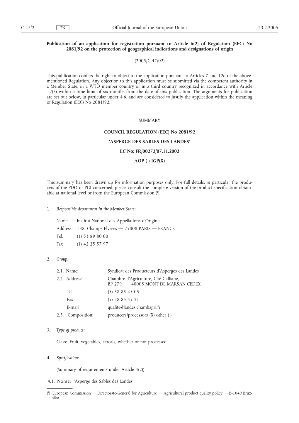 Of Regulation (EEC) No 2081/92 on the Protection of Geographical Indications and Designations of Origin