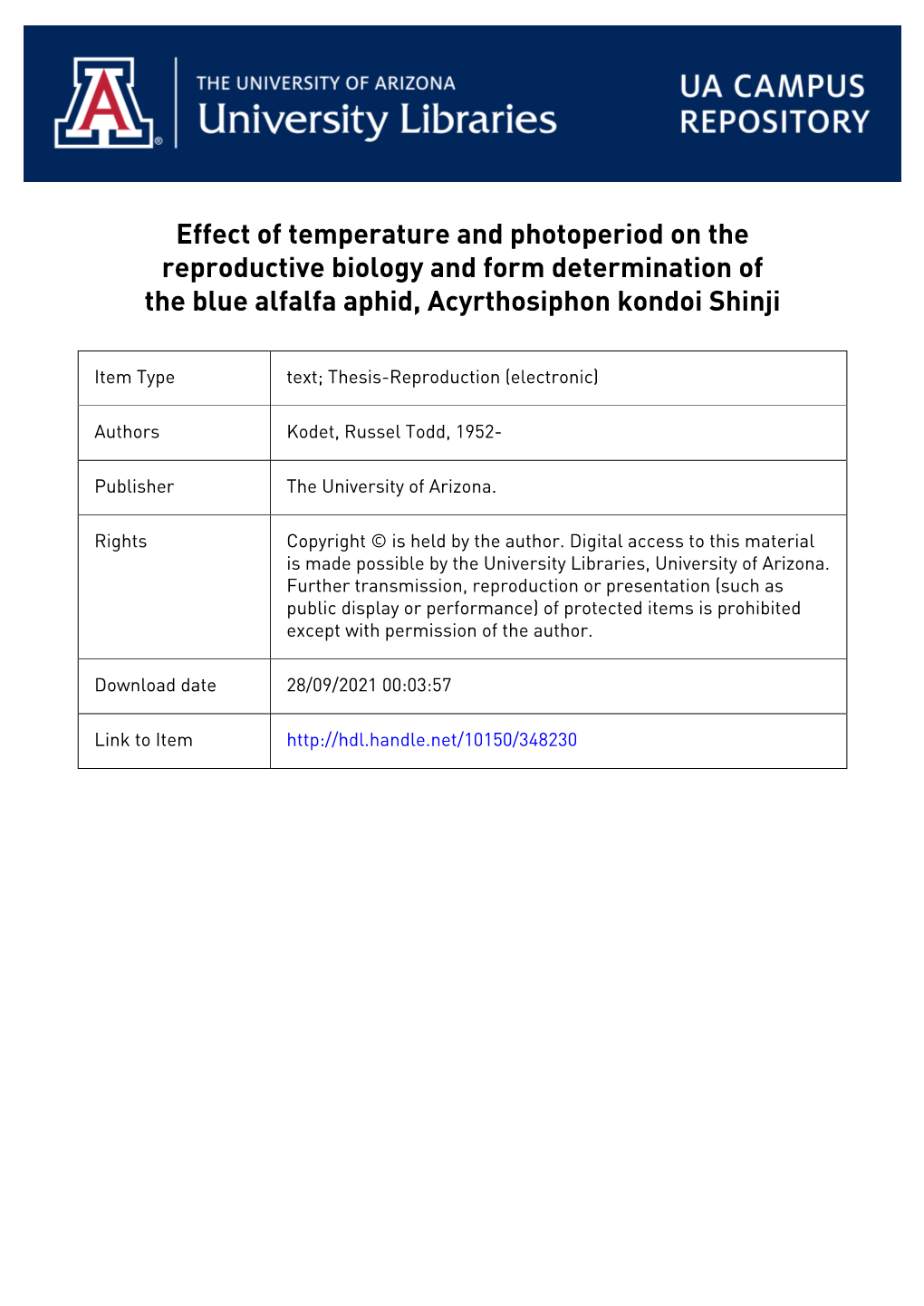 Effect of Temperature and Photoperiod on the Reproductive Biology and Form Determination of the Blue Alfalfa Aphid, Acyrthosiphon Kondoi Shinji