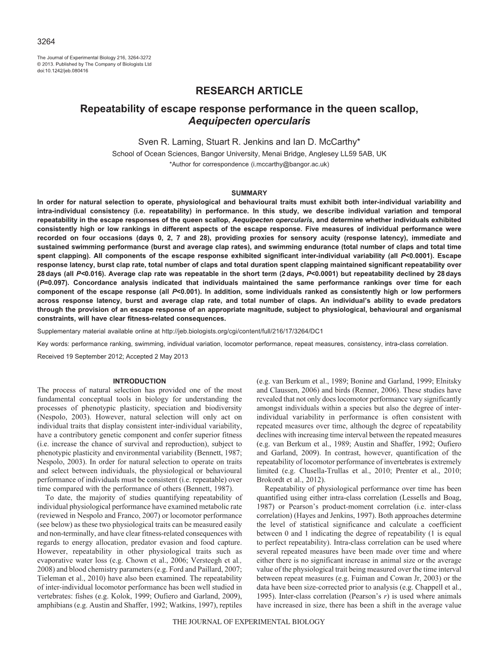 Repeatability of Escape Response Performance in the Queen Scallop, Aequipecten Opercularis