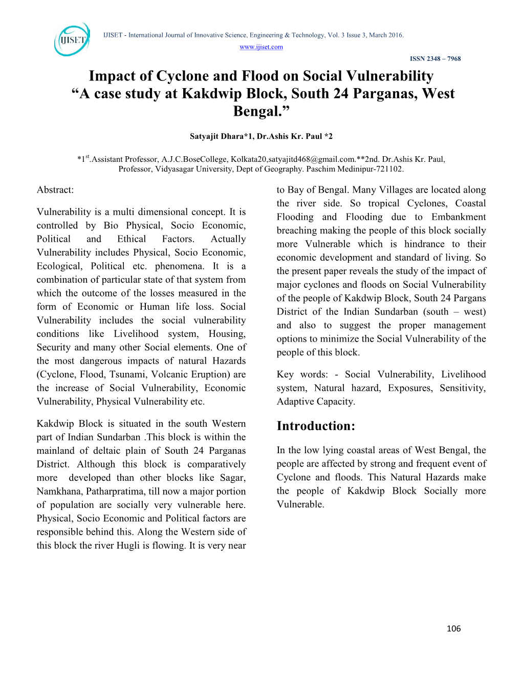 Impact of Cyclone and Flood on Social Vulnerability “A Case Study at Kakdwip Block, South 24 Parganas, West Bengal.”