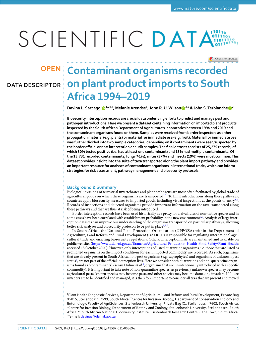 Contaminant Organisms Recorded on Plant Product Imports to South Africa 1994–2019