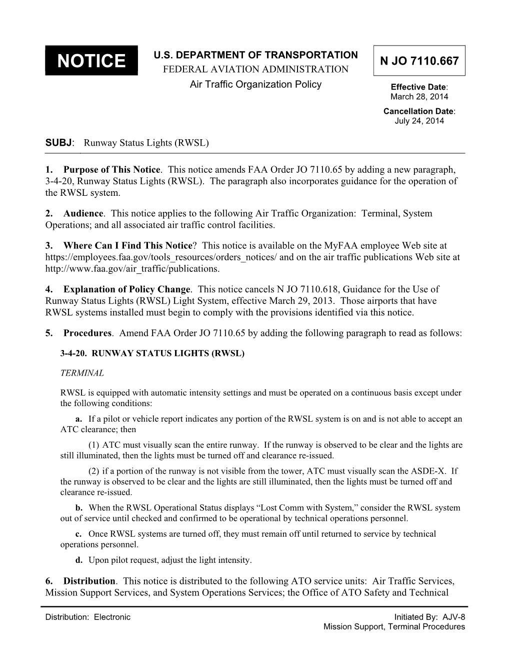 N JO 7110.667 Runway Status Lights