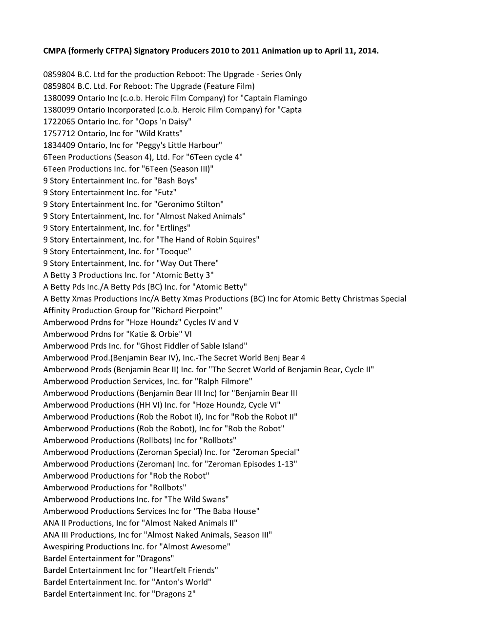 CMPA (Formerly CFTPA) Signatory Producers 2010 to 2011 Animation up to April 11, 2014