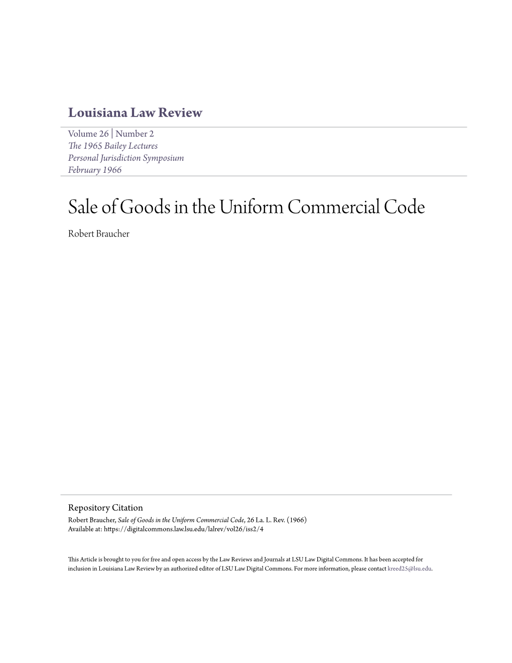 Sale of Goods in the Uniform Commercial Code Robert Braucher