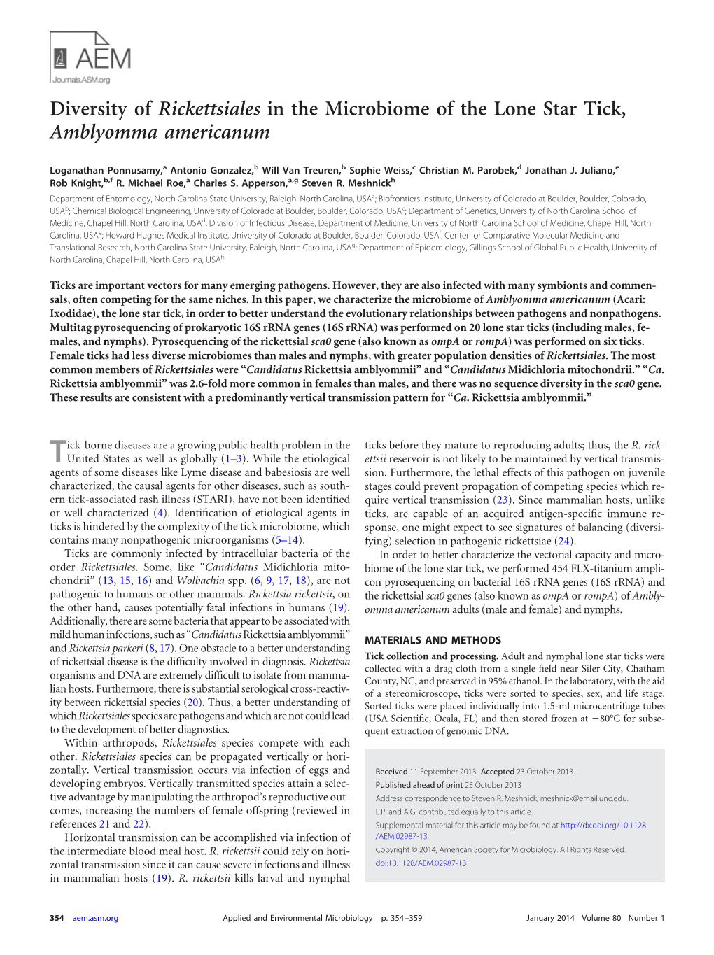 Diversity of Rickettsiales in the Microbiome of the Lone Star Tick, Amblyomma Americanum