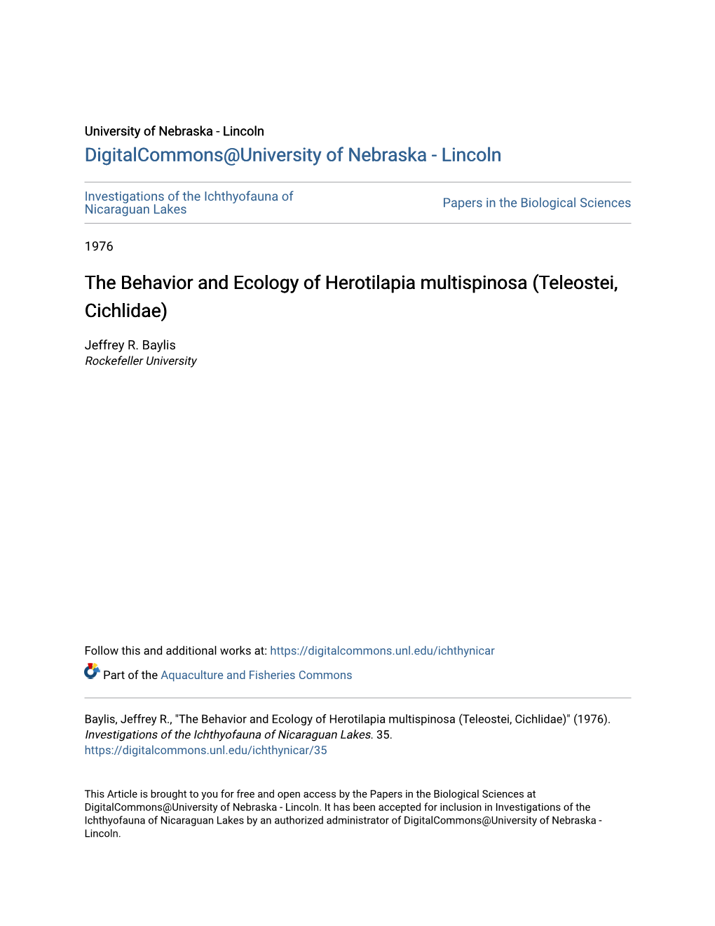 The Behavior and Ecology of Herotilapia Multispinosa (Teleostei, Cichlidae)