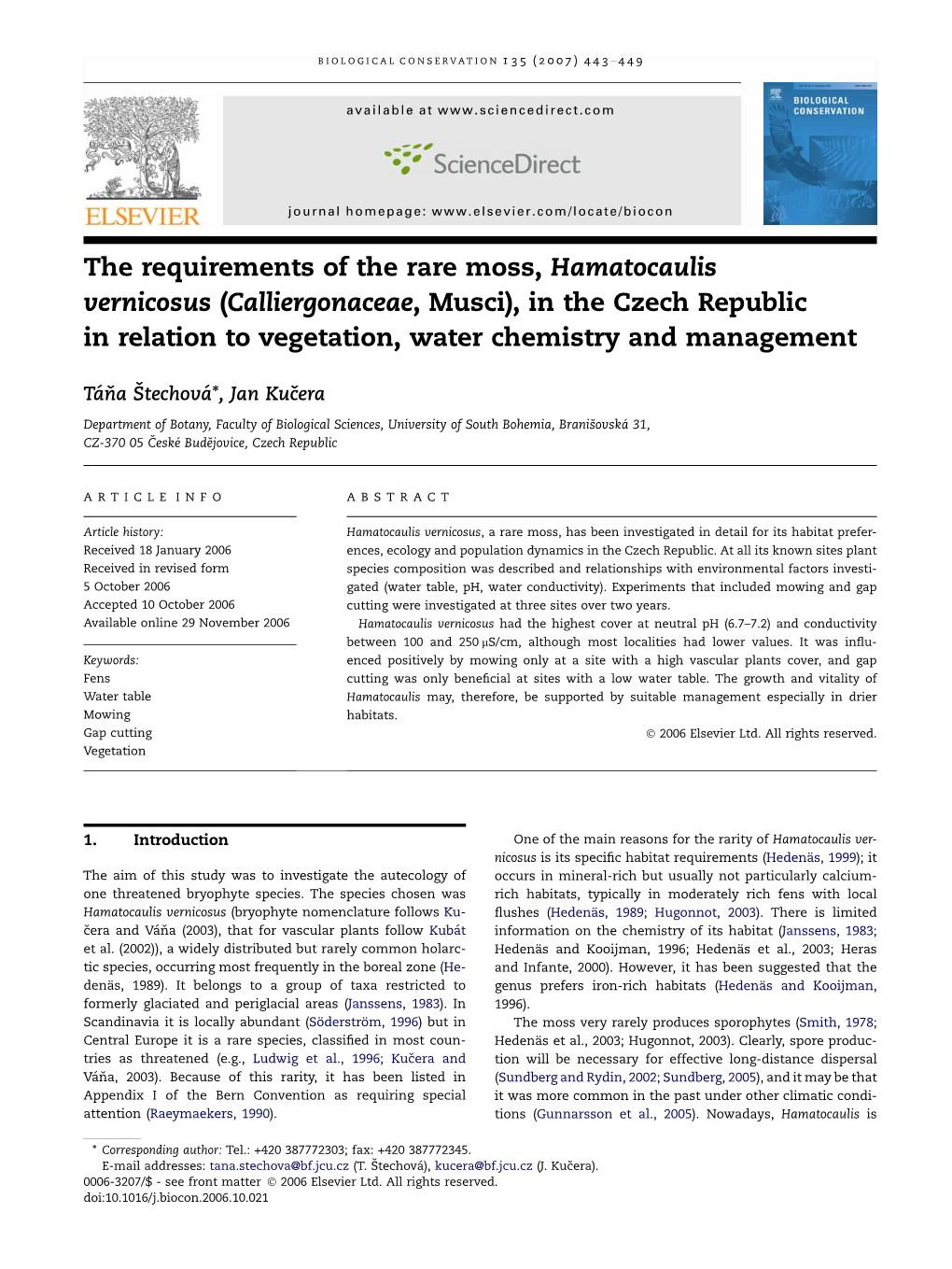 The Requirements of the Rare Moss, Hamatocaulis Vernicosus (Calliergonaceae, Musci), in the Czech Republic in Relation to Vegetation, Water Chemistry and Management