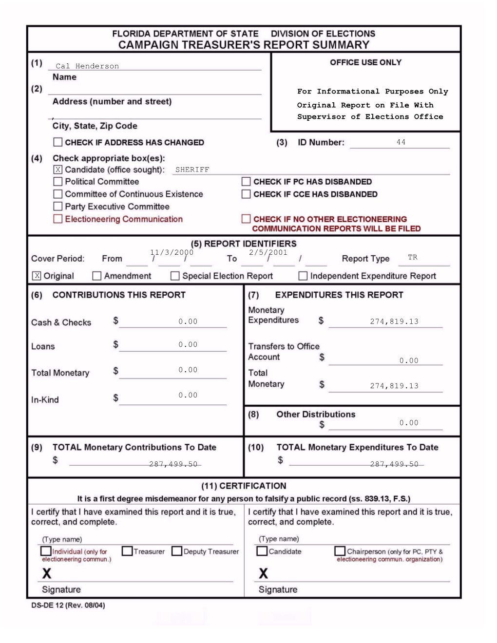 For Informational Purposes Only Original Report on File with , Supervisor of Elections Office