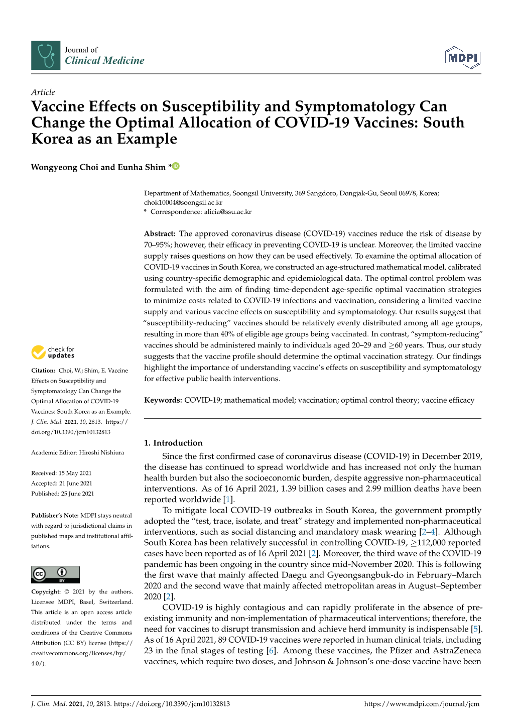 Vaccine Effects on Susceptibility and Symptomatology Can Change the Optimal Allocation of COVID-19 Vaccines: South Korea As an Example