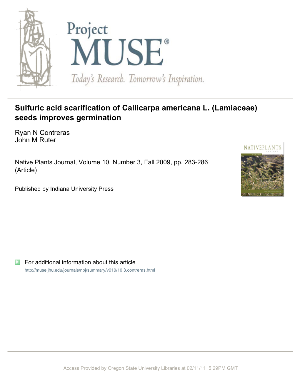 Sulfuric Acid Scarification of Callicarpa Americana L. (Lamiaceae) Seeds Improves Germination