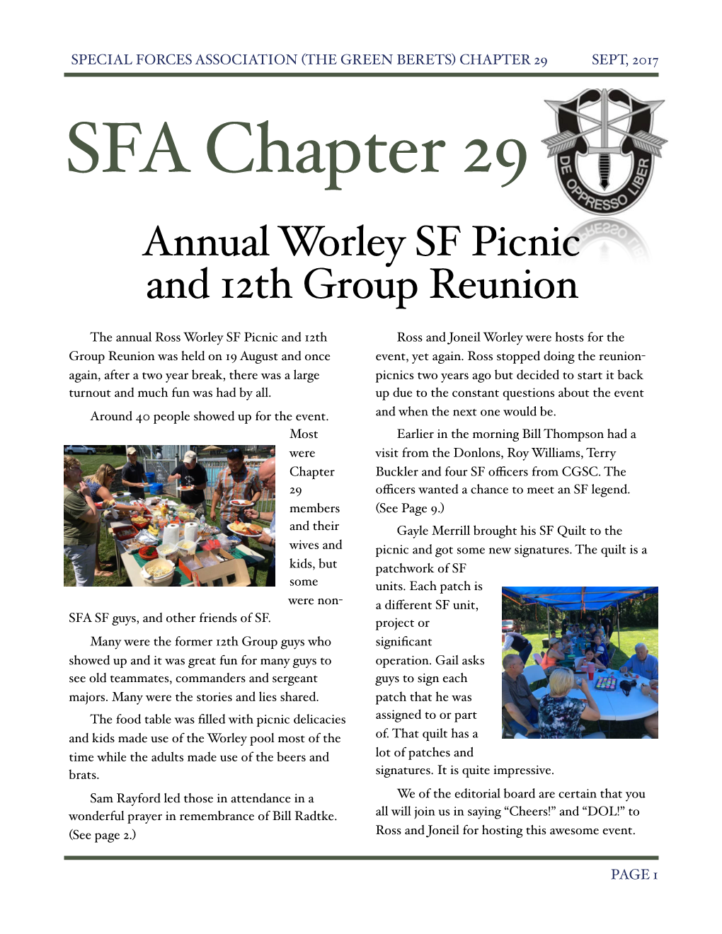 SEPT, 2017 SFA Chapter 29 Annual Worley SF Picnic and 12Th Group Reunion