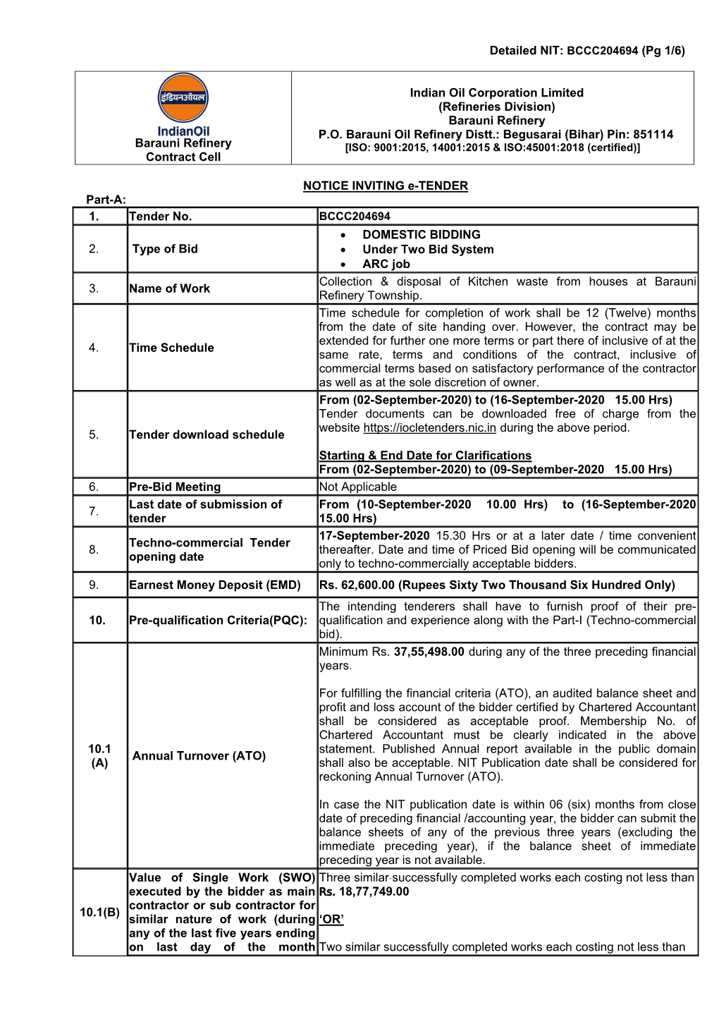 Detailed NIT: BCCC204694 (Pg 1/6) Barauni Refinery Contract Cell