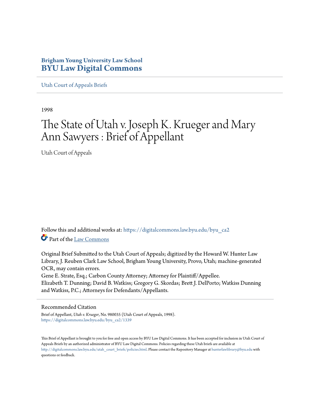 The State of Utah V. Joseph K. Krueger and Mary Ann Sawyers : Brief of Appellant