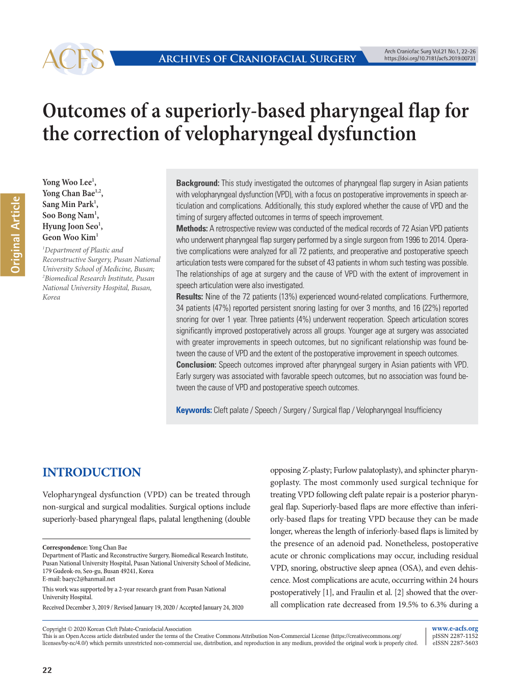 Outcomes of a Superiorly-Based Pharyngeal Flap for the Correction of Velopharyngeal Dysfunction