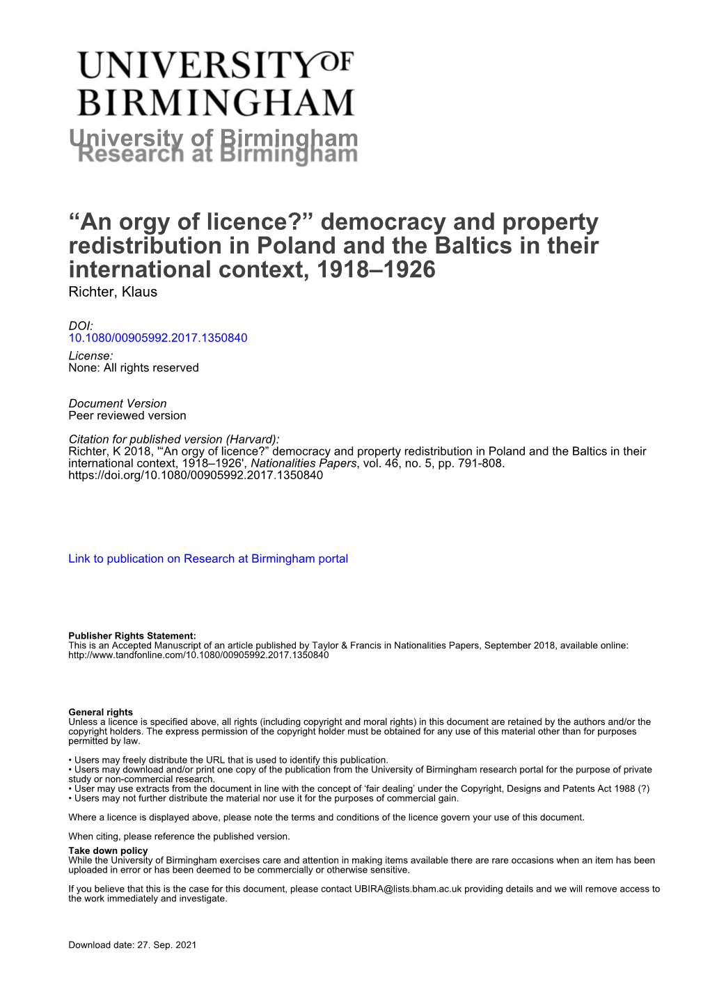 Democracy and Property Redistribution in Poland and the Baltics in Their International Context, 1918–1926 Richter, Klaus
