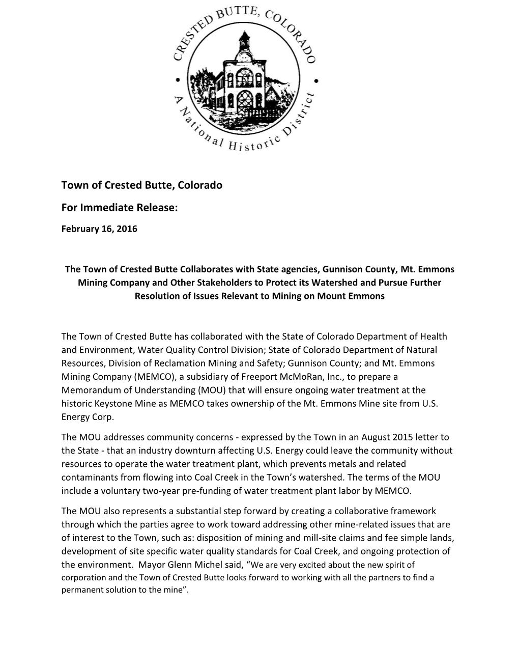 Town of Crested Butte, Colorado for Immediate Release