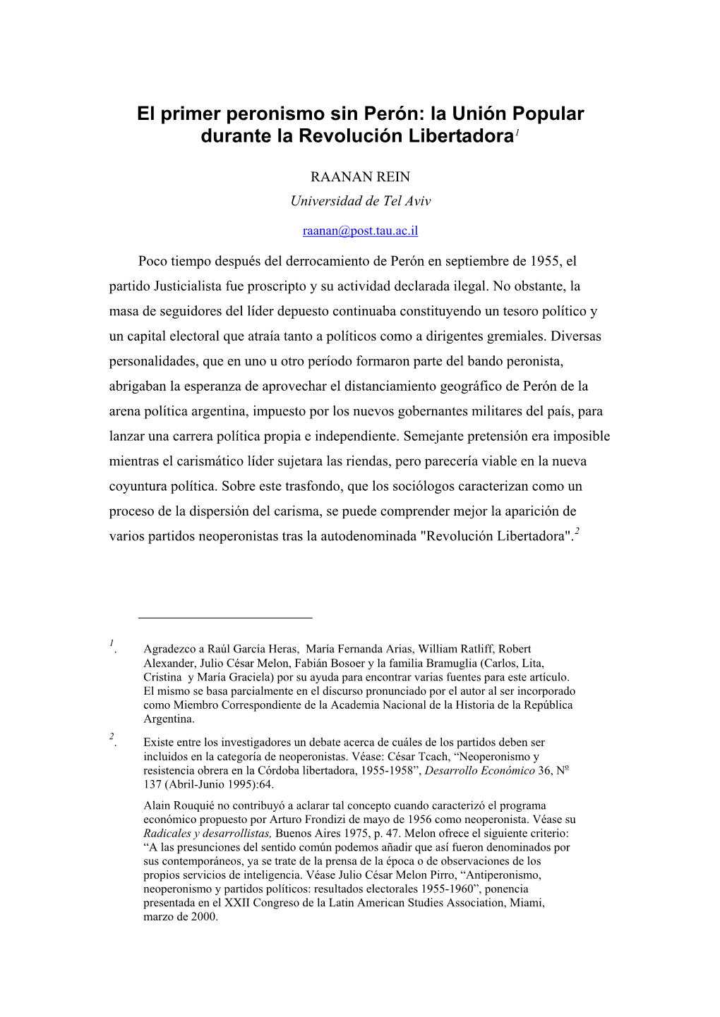 El Primer Peronismo Sin Perón: La Unión Popular Durante La Revolución Libertadora1