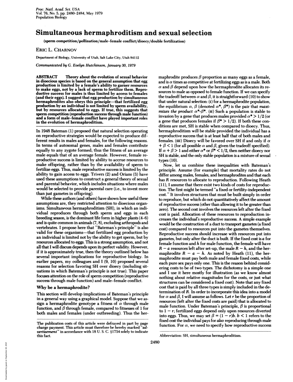 Simultaneous Hermaphroditism and Sexual Selection (Sperm Competition/Pollination/Male-Female Conflict/Dioecy/Double Fertilization) ERIC L