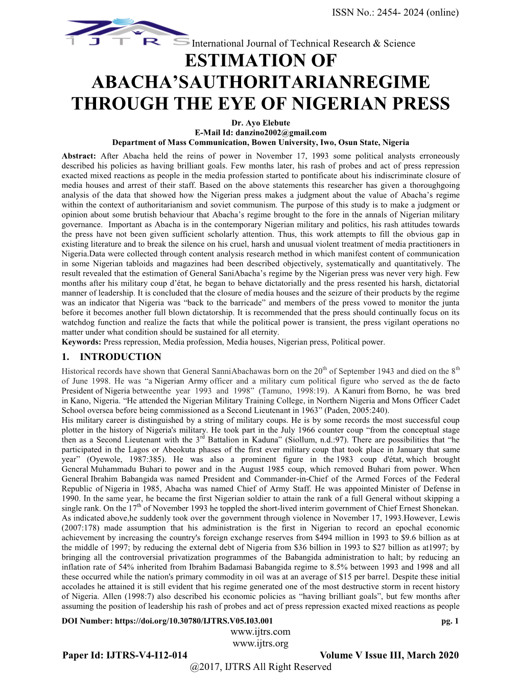 Estimation of Abacha'sauthoritarianregime