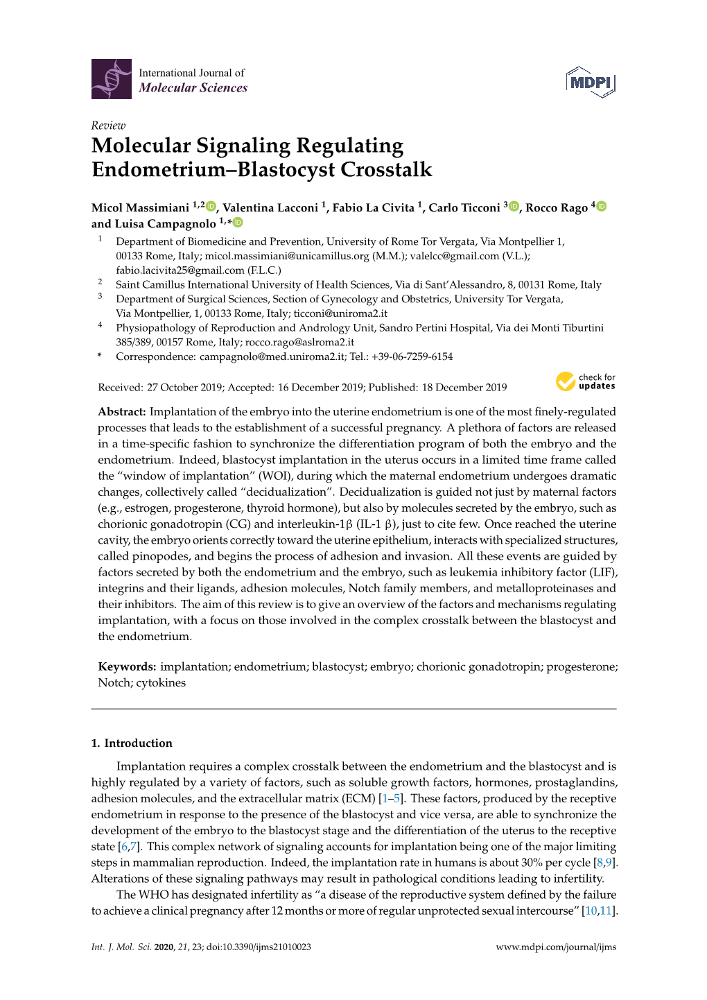 Molecular Signaling Regulating Endometrium–Blastocyst Crosstalk
