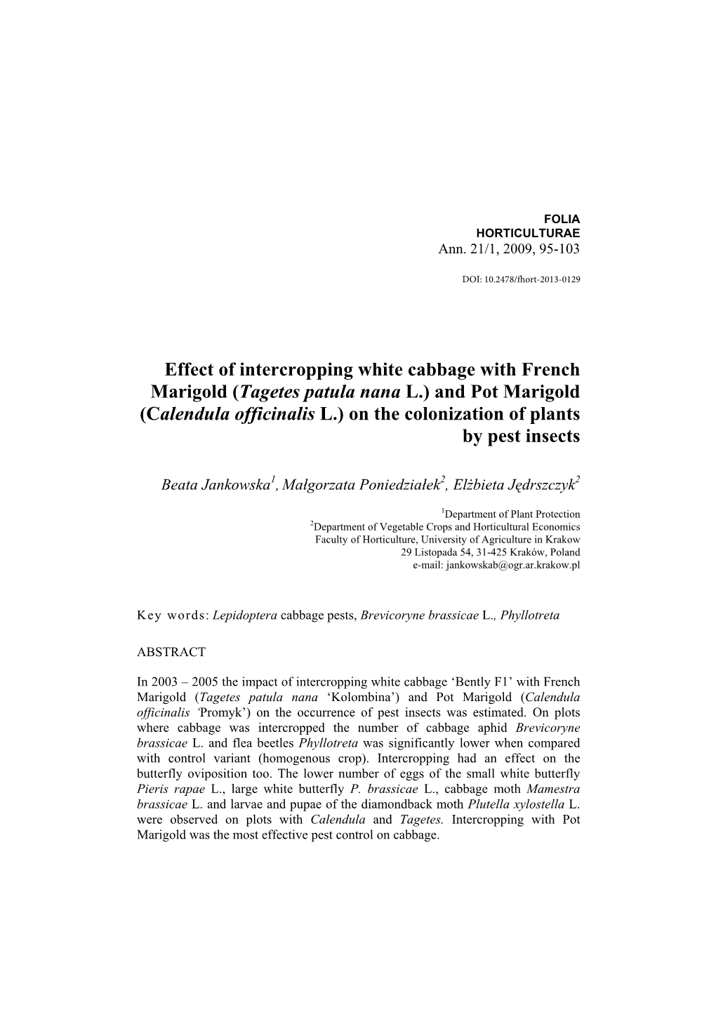 And Pot Marigold (Calendula Officinalis L.) on the Colonization of Plants by Pest Insects