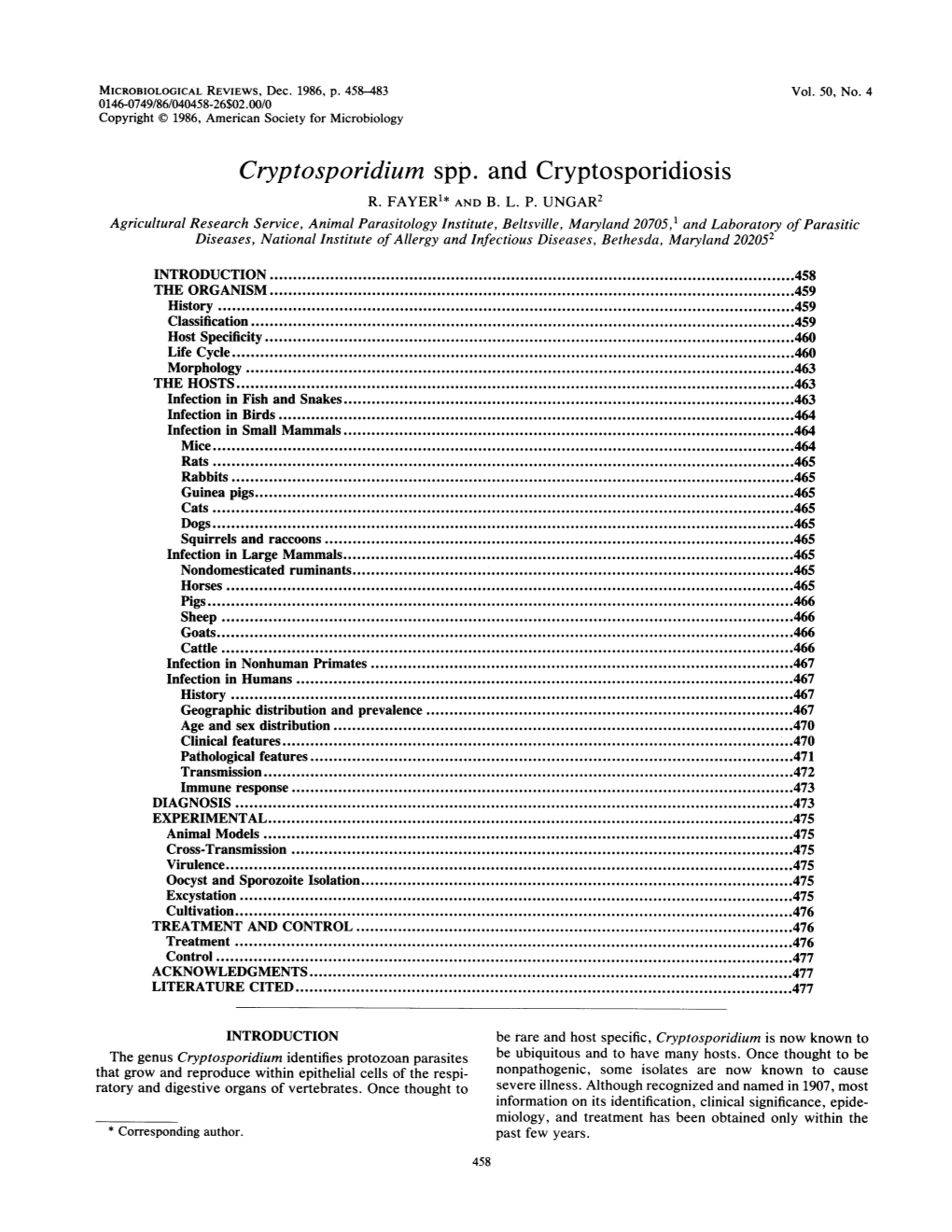 Cryptosporidium Spp. and Cryptosporidiosis R