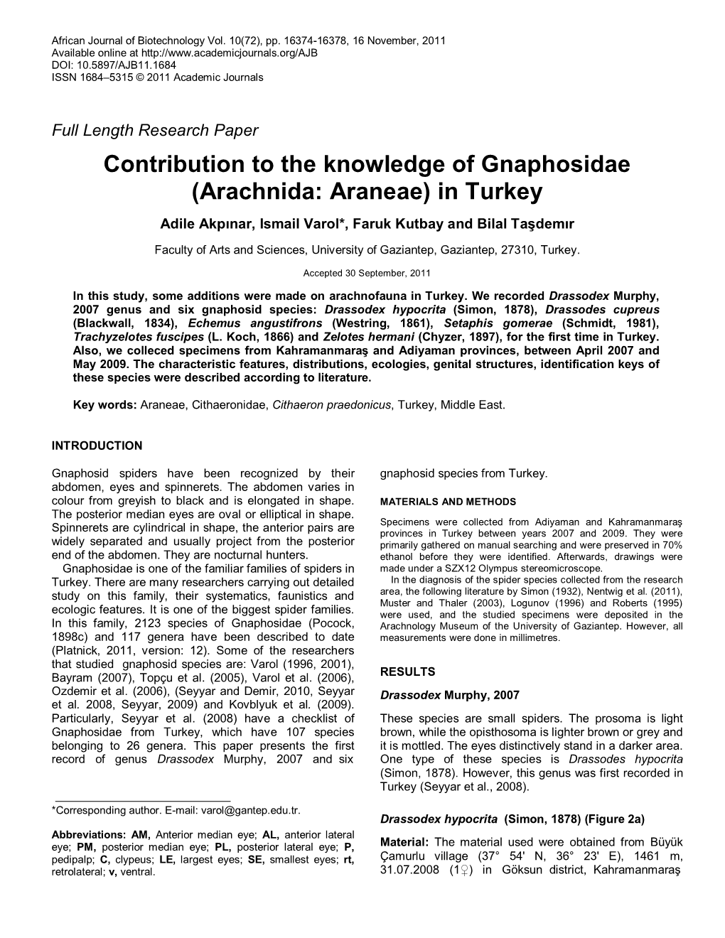 Araneae:Gnaphosidae) Fauna of the 2011)